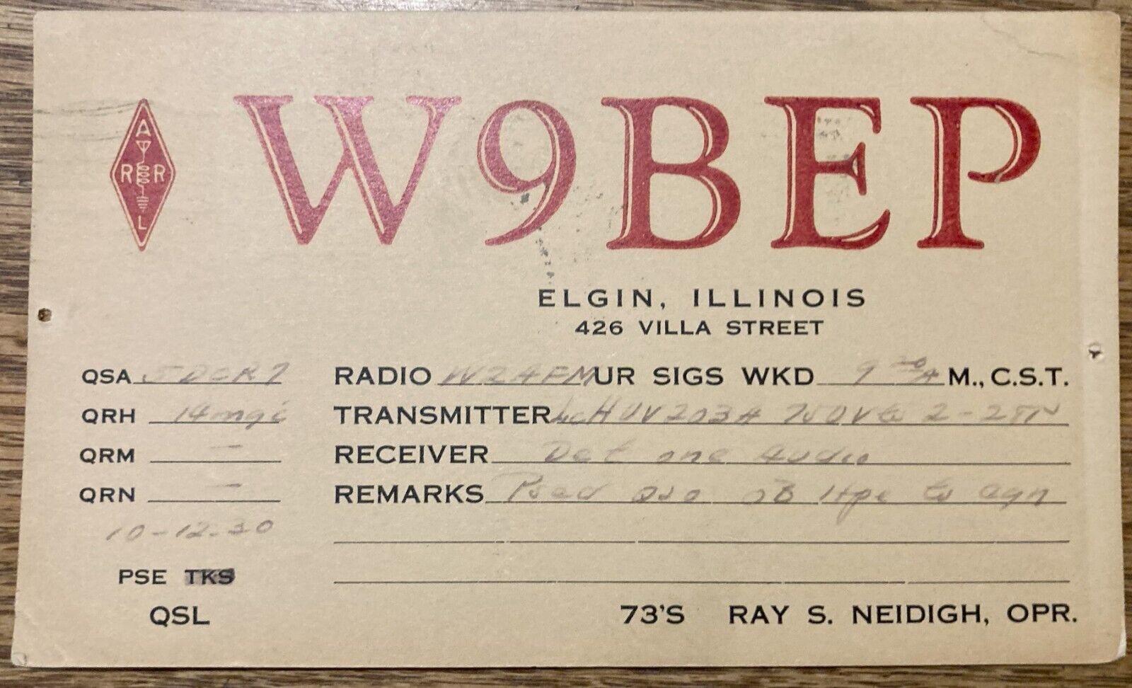 1930 - QSL Card - Elgin, Illinois USA - W9BEP - Ray Neidigh