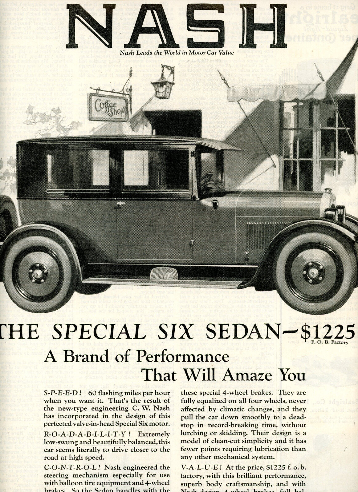 1925 Original Nash Ad. Special Six Sedan. 60 MPH. 4-Wheel Brakes. Large Illustr