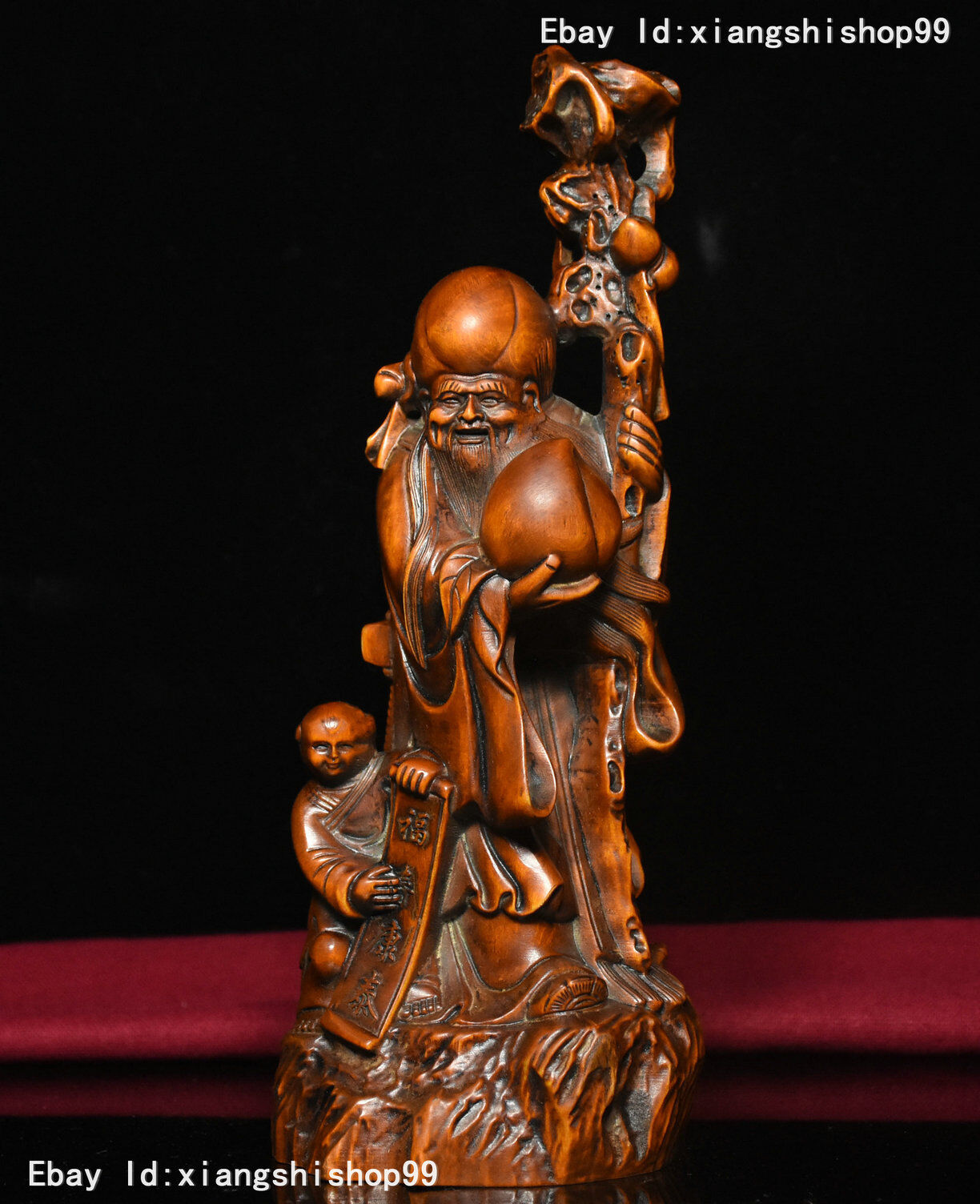 Chinese Boxwood Wood Carved TongZi Peach Longevity Immortal God Shou Star Statue