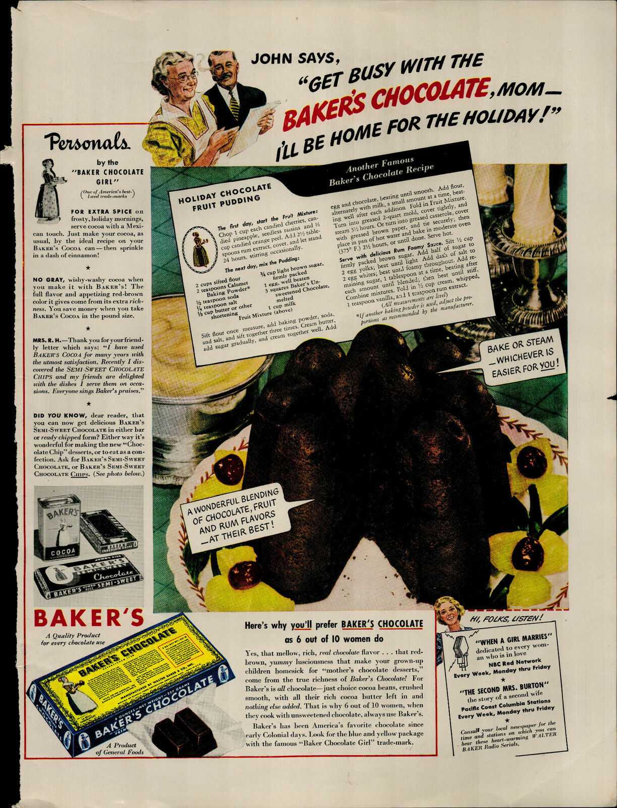 1941 Baker\'s Chocolate Fruit Pudding Chocolate Vintage Print Ad 3284