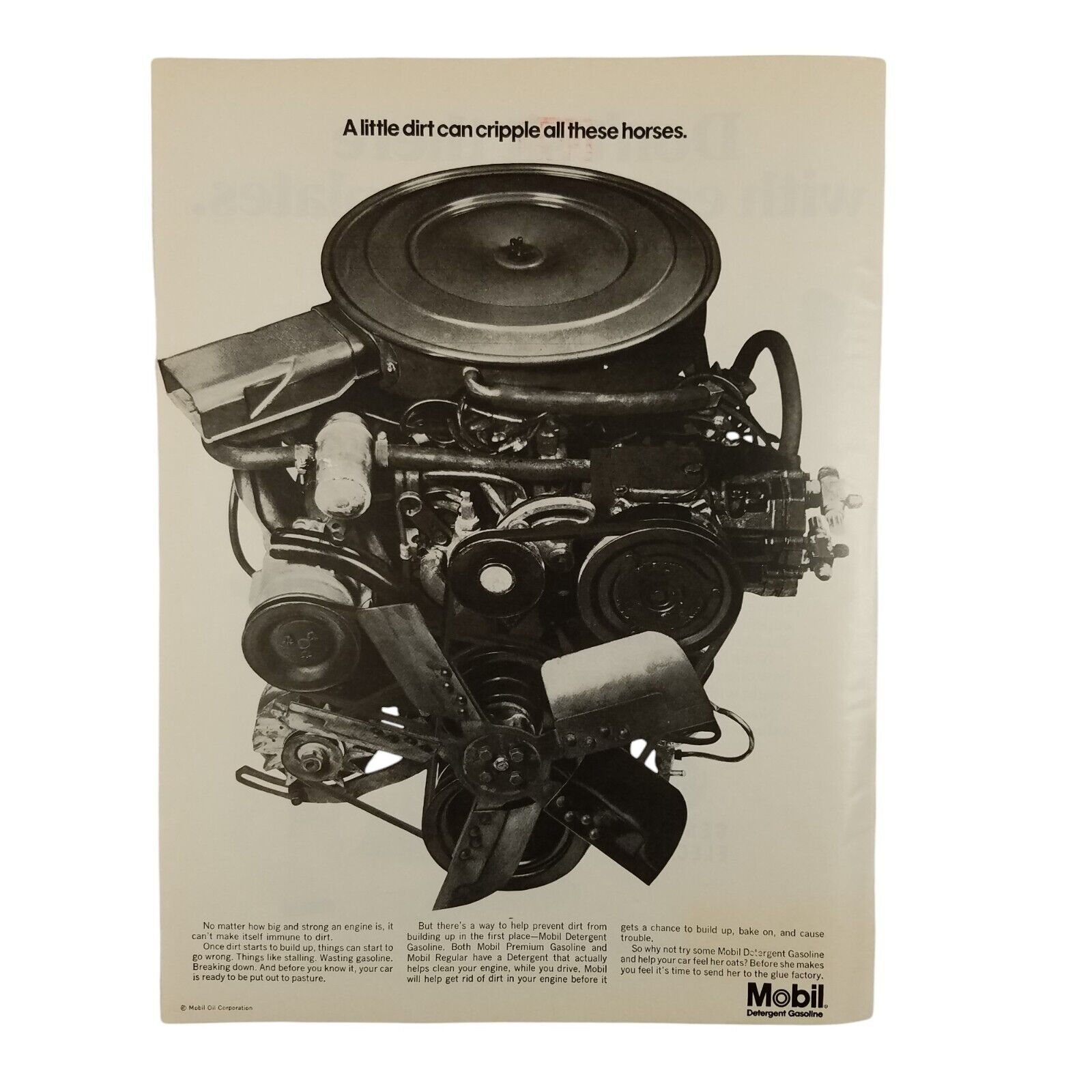 1969 Mobil Detergent Gasoline Vintage Print Ad A Little Dirt Can Cripple Engine