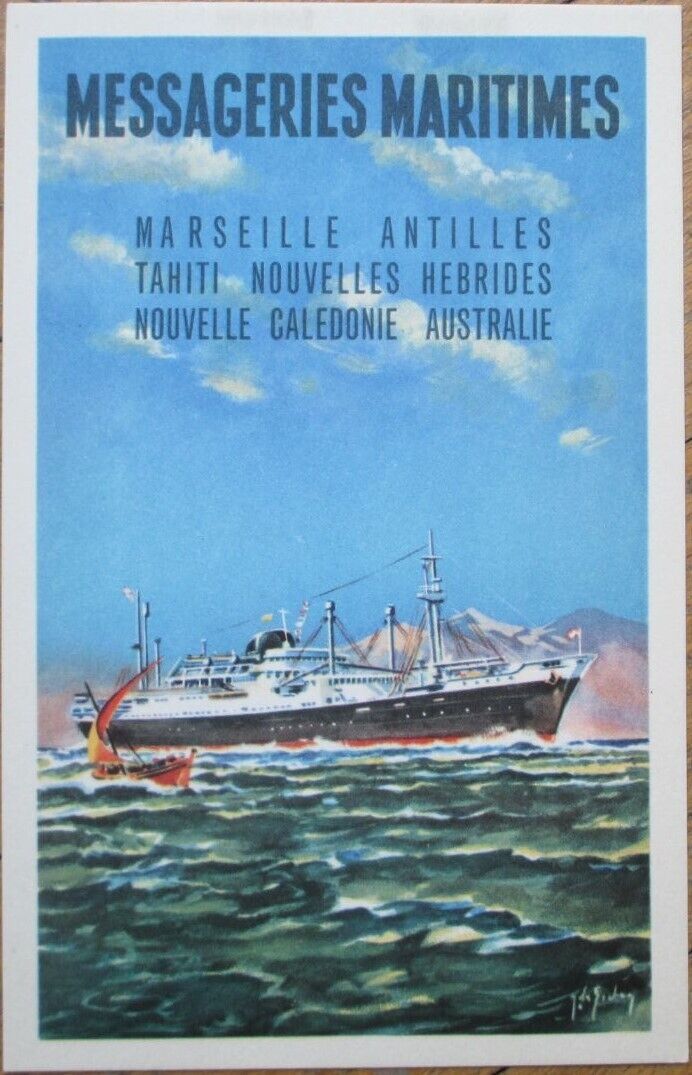 Messageries Maritimes 1950s French Ship Line Advertising Postcard, Tahiti