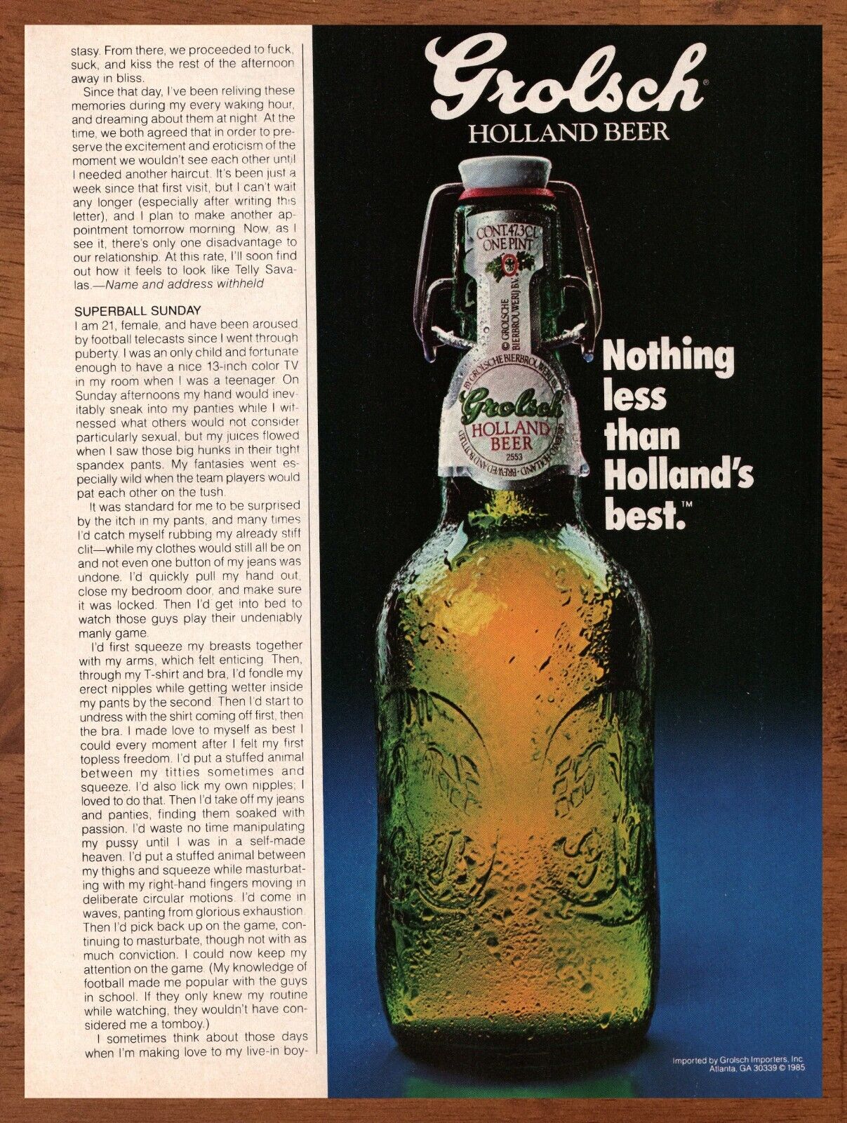 1985 Grolsch Holland Beer Vintage Print Ad/Poster Man Cave Bar Wall Pop Art 80s