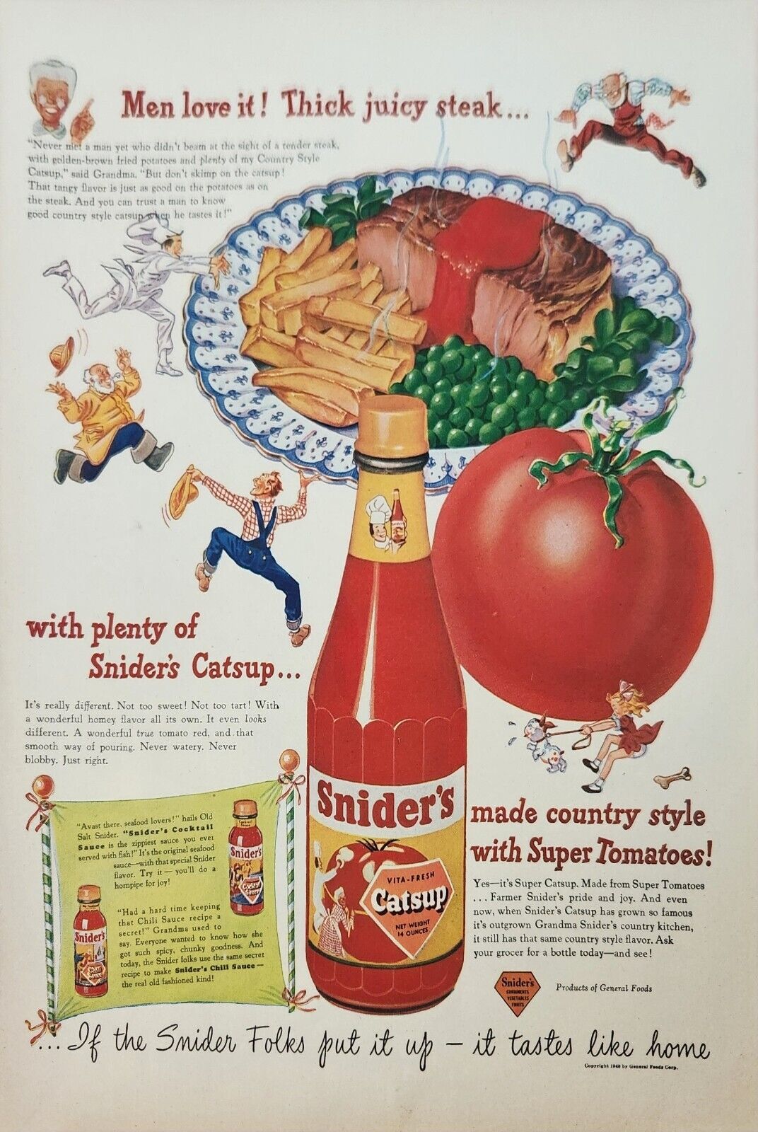 1948 Sniders Catsup Vintage Ad Men love it thick juicy steak