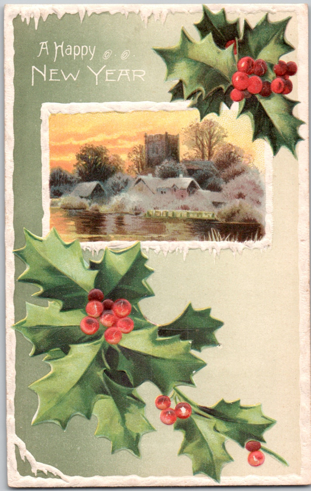 Happy New Year Holly Winter Village Snow View Embossed Antique Vintage Postcard