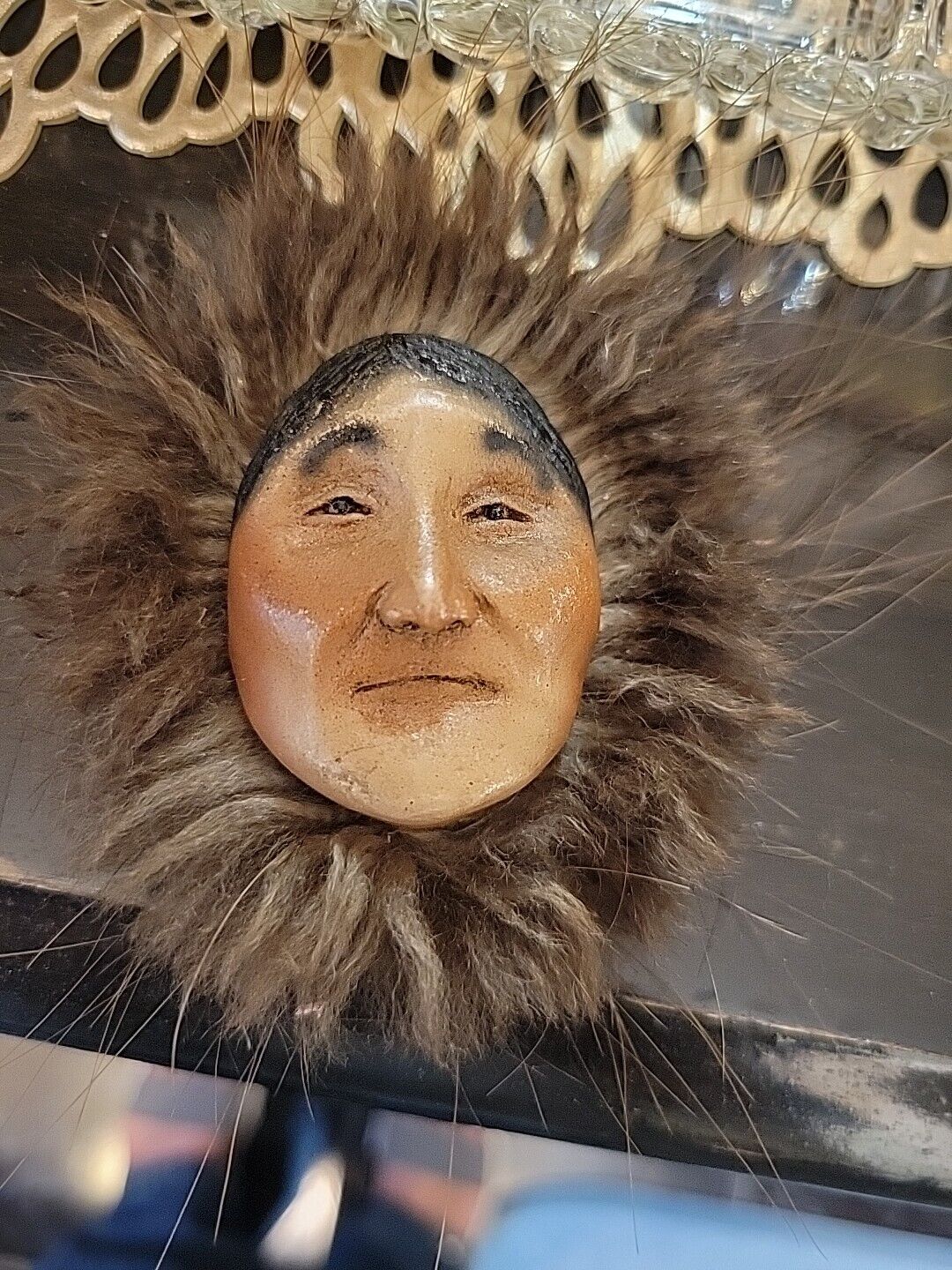 Vintage Alaskan Native Eskimo Face Inuit? Soapstone Carving Of Face Fur Very...