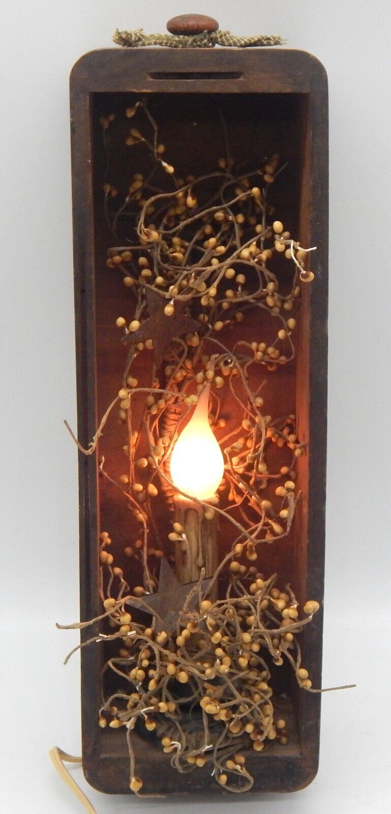 Vintage Primitive Country Farmhouse Electric Light Up Candle Framed In Wood