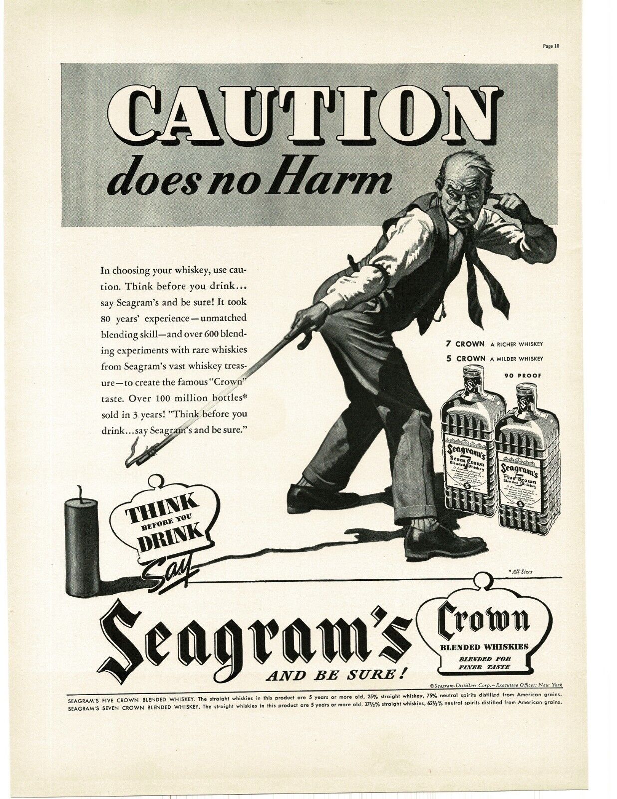 1937 Seagram\'s 7 5 Crown Whiskey man lighting firecracker Vintage Print Ad