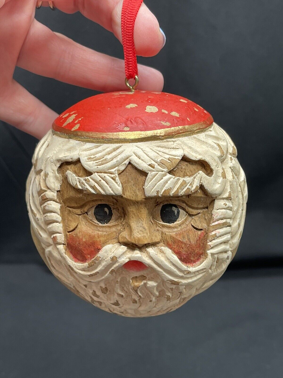 VTG Hand Carved Santa Claus Head, Solid Wooden Christmas Ornament Ball