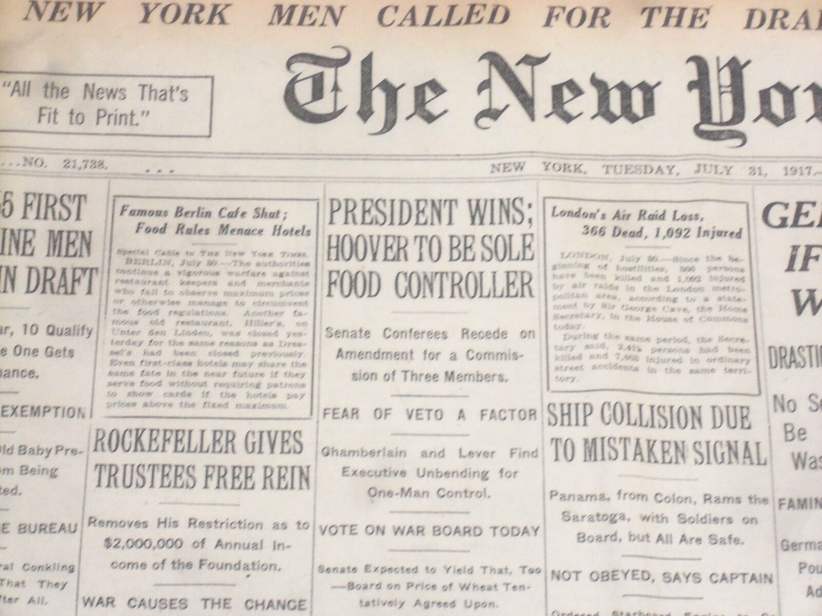 1917 JULY 31 NEW YORK TIMES - HOOVER TO BE SOLE FOOD CONTROLLER - NT 9309
