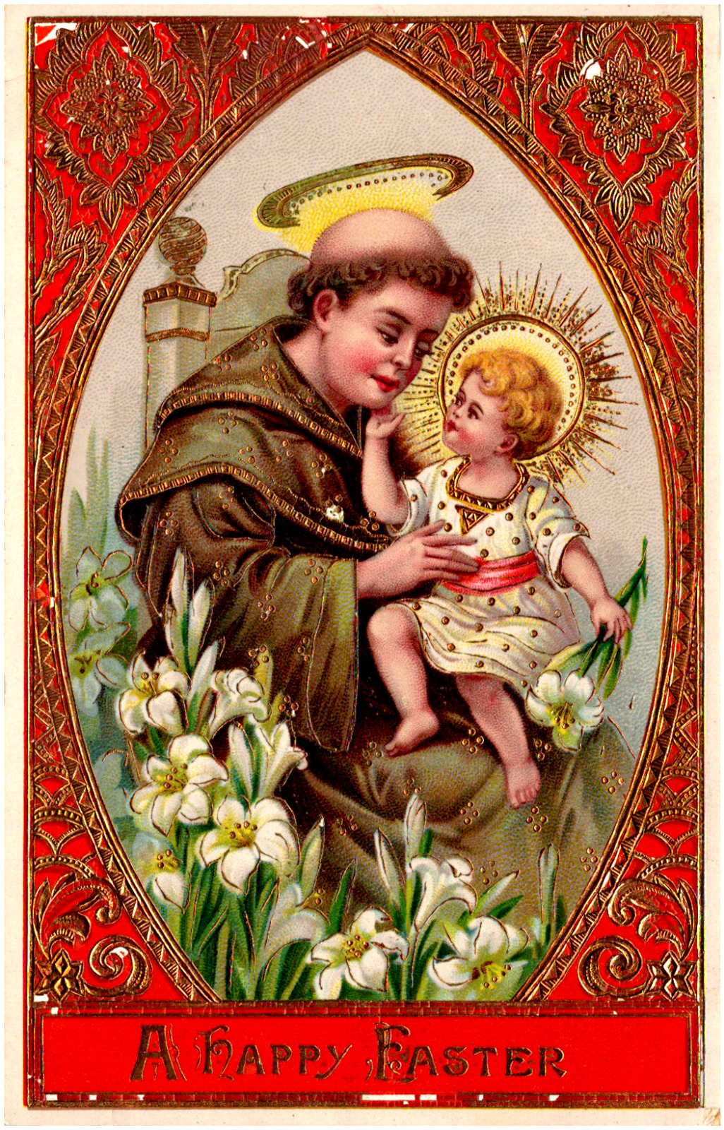 A Happy Easter Saint Anthony of Padua Child & Lilies 1913 Postcard Gilt