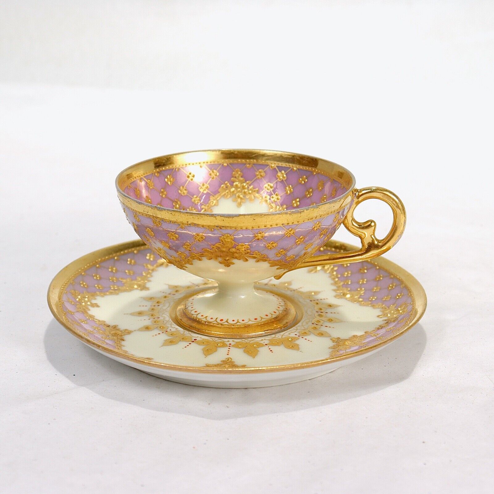 Antique Helena Wolfsohn Jeweled Dresden Porcelain Demitasse Cup & Saucer - PC #3