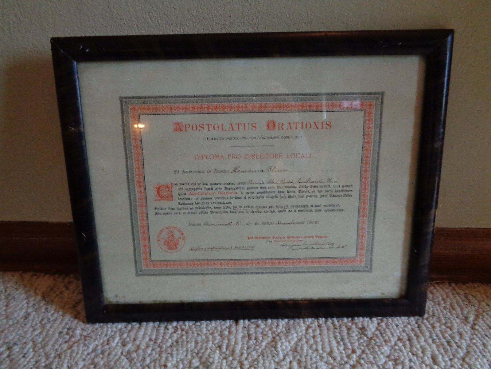 vintage signed dated 1905 & 1914 framed religious APOSTOLATUS ORATIONIS    AS IS