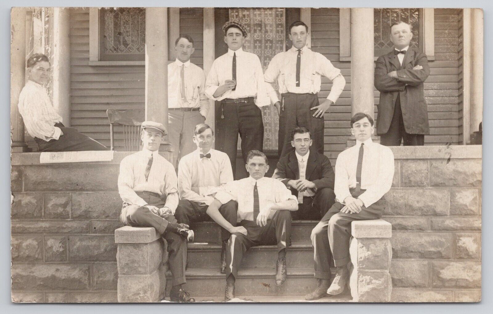 Unidentified Group of Groomed Men with Ties Posing on Porch c1920s RPPC Postcard