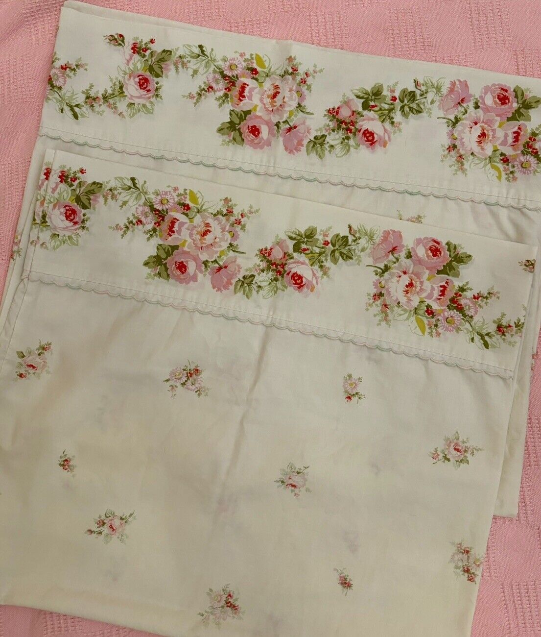 Vintage Queen Pillowcases Pink Flowers Percale 50/50 Sears 42”x40\