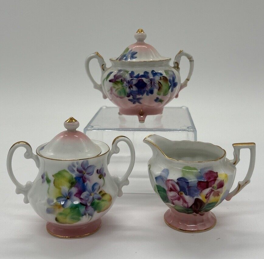 Vintage Small Pansy Floral Design Sugar Bowl,Creamer,Compote Set Made In Japan