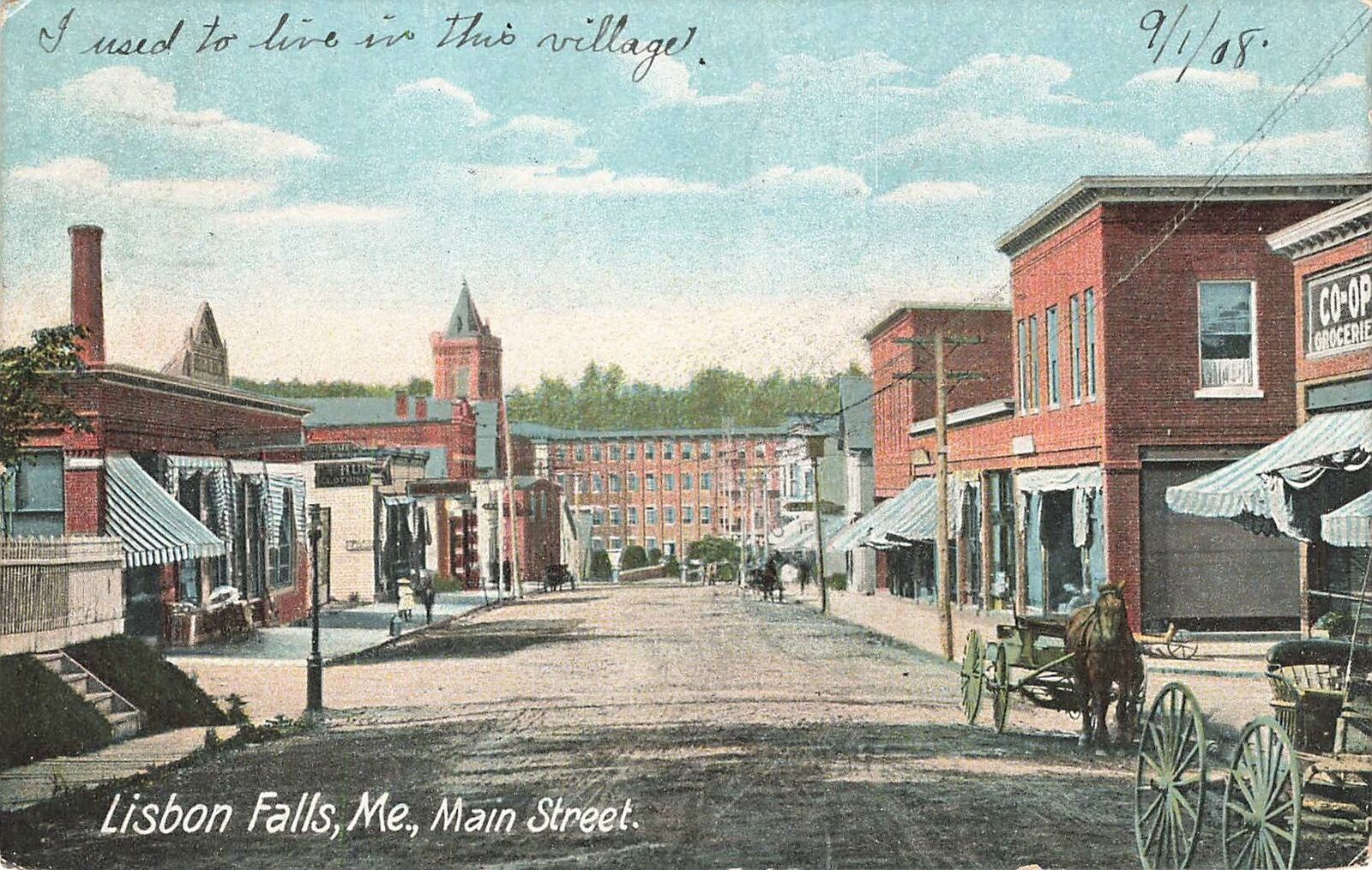 Vintage 1908 Postcard Lisbon Falls Maine Main Street Horse Carriage color photo