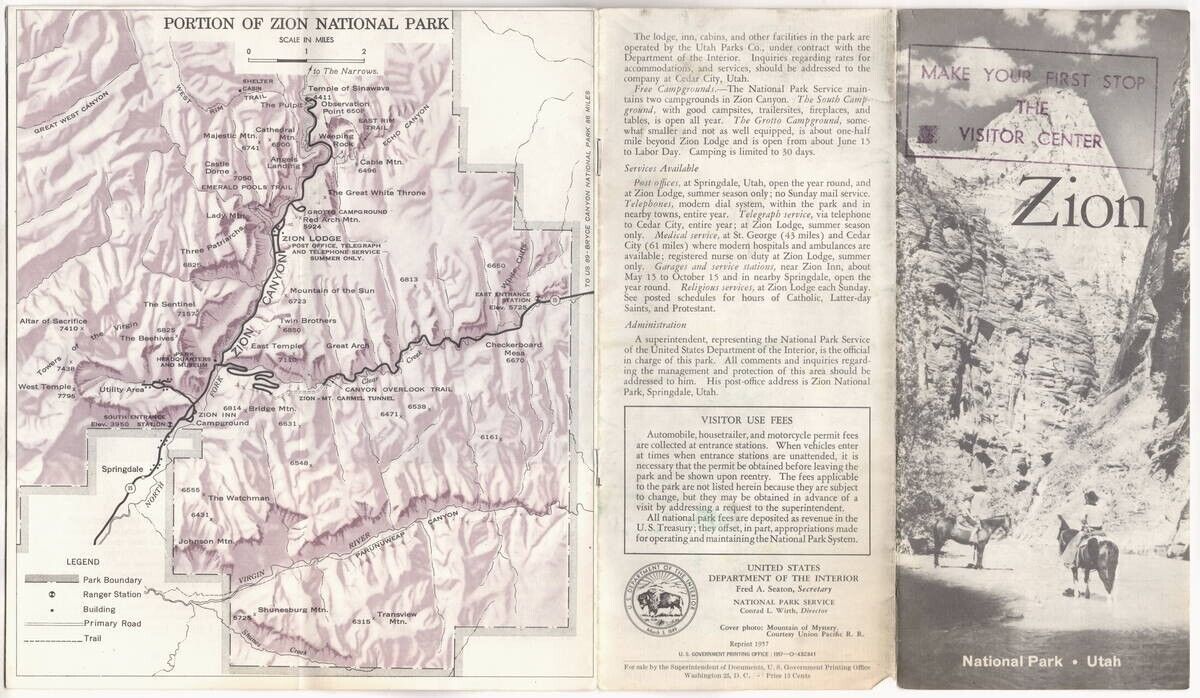 vintage ZION National Park Brochure 1957 with Map; Utah