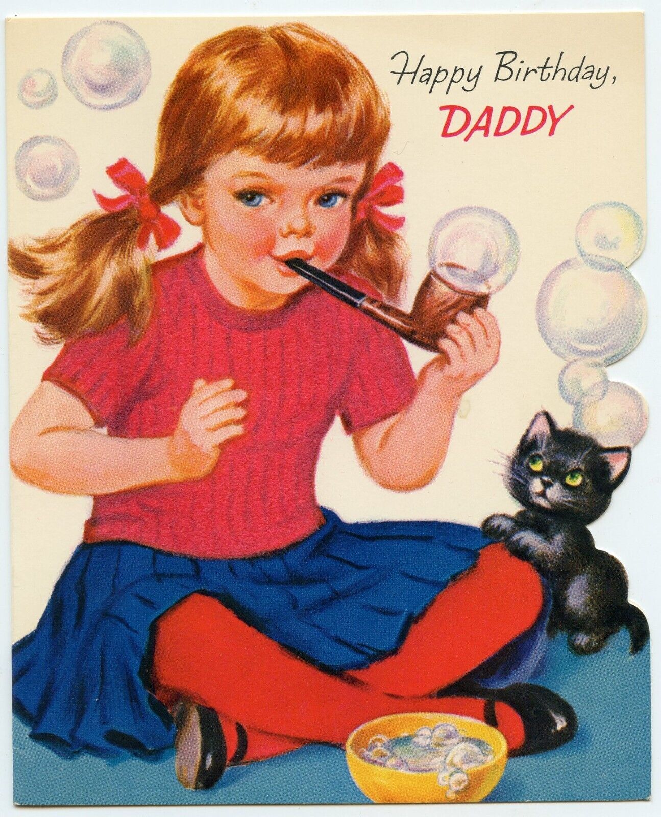 1960\'s Vintage Daddy Birthday Greeting Card - Girl Tobacco Pipe Blowing Bubbles