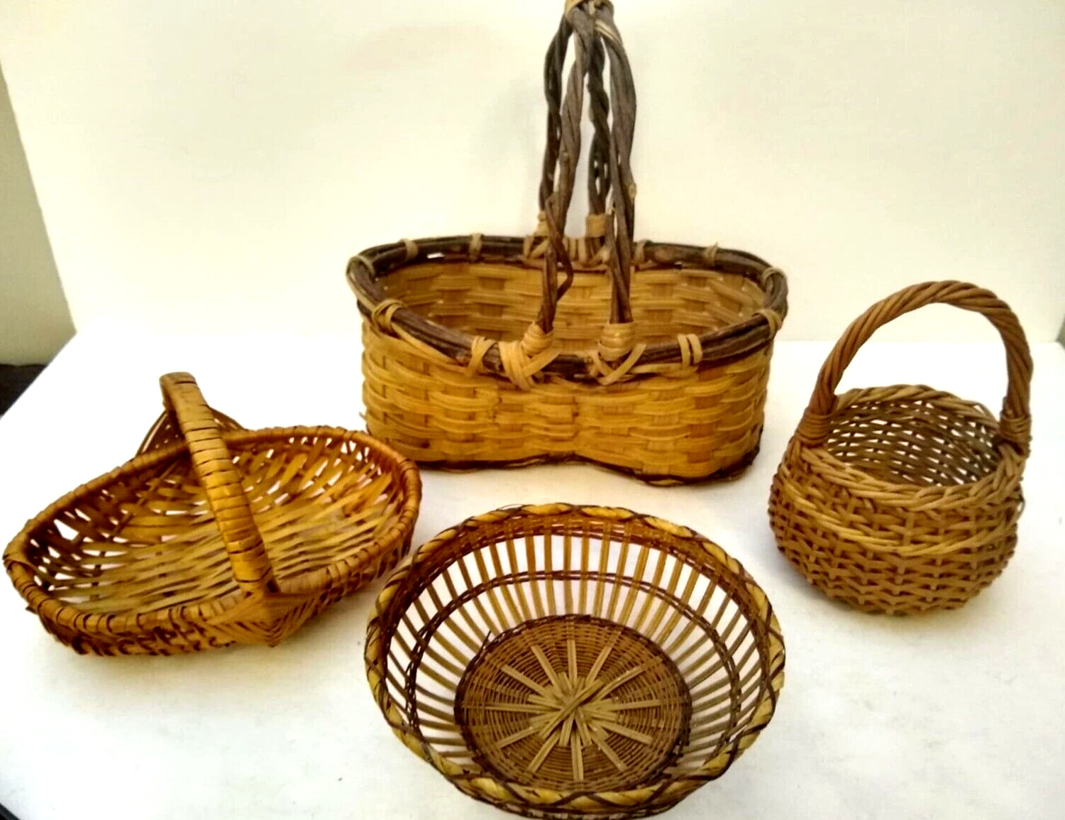 LOT of 4 vintage bamboo rattan wicker harvest BASKETS 1960's