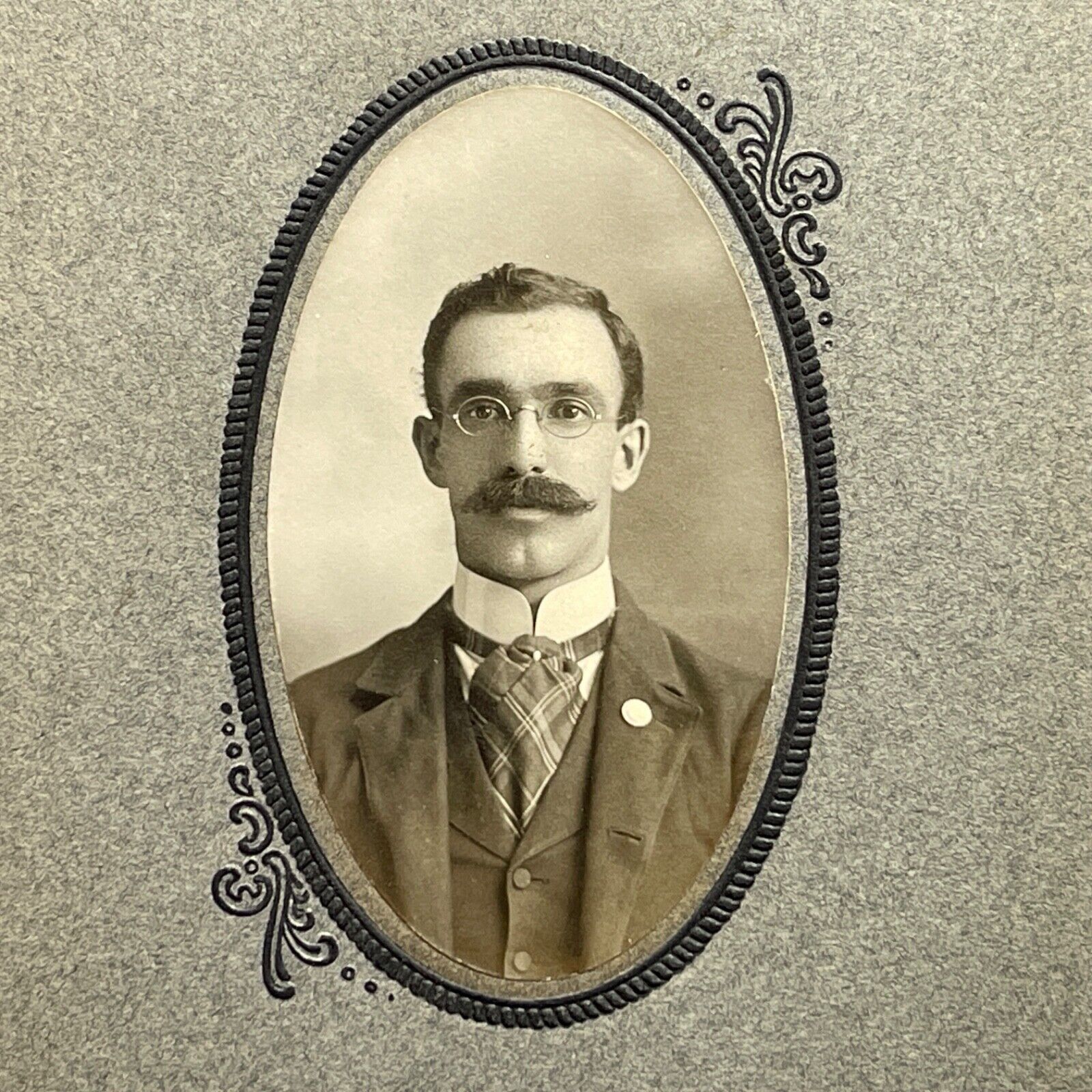 Antique Photo Board Mounted Portrait of Man with Mustache Wearing Glasses
