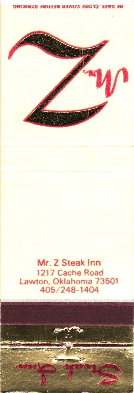 Lawton Oklahoma Mr. Z Steak Inn Vintage Matchbook Cover