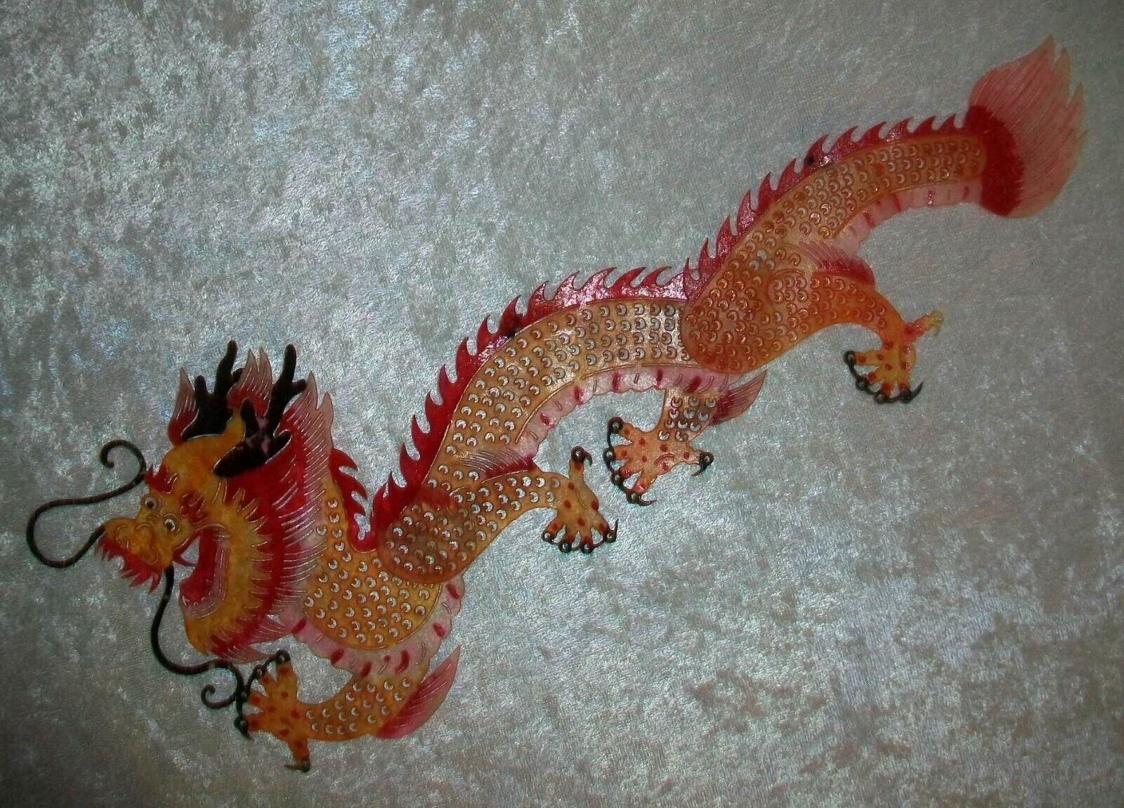 Vintage Articulated Chinese Red Orange Dragon Folk Art Shadow Puppet Figurine
