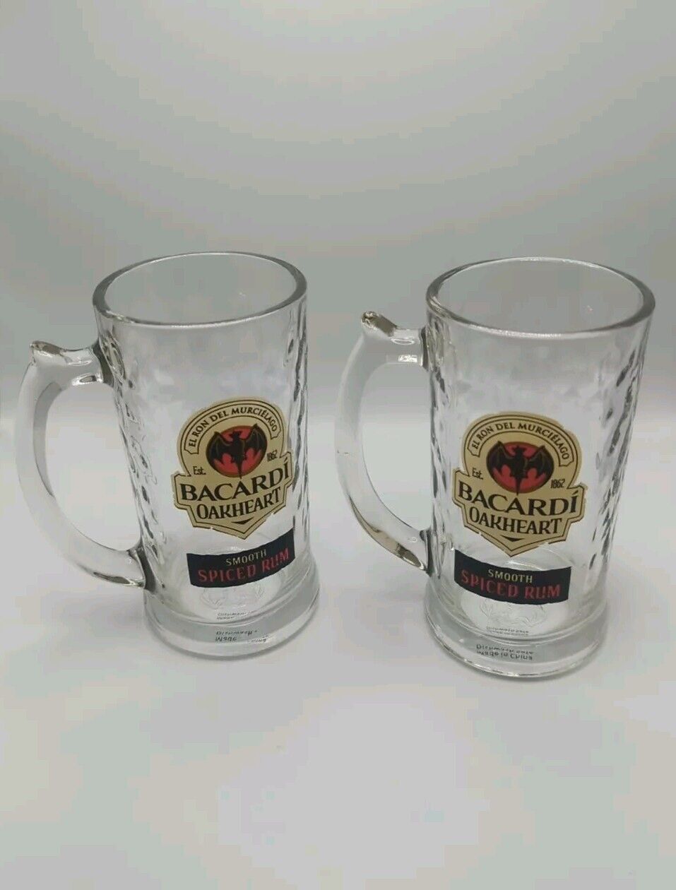 Set of 2 Bacardi Oakheart Spiced Rum Dimpled Clear Glass Beer Mug Stein Barware 