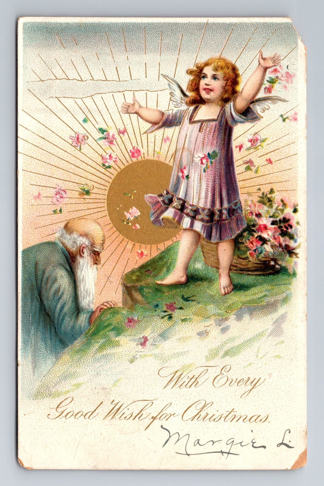 With Every Good Wish For Christmas, Child With Old Man, Vintage c1905 Postcard