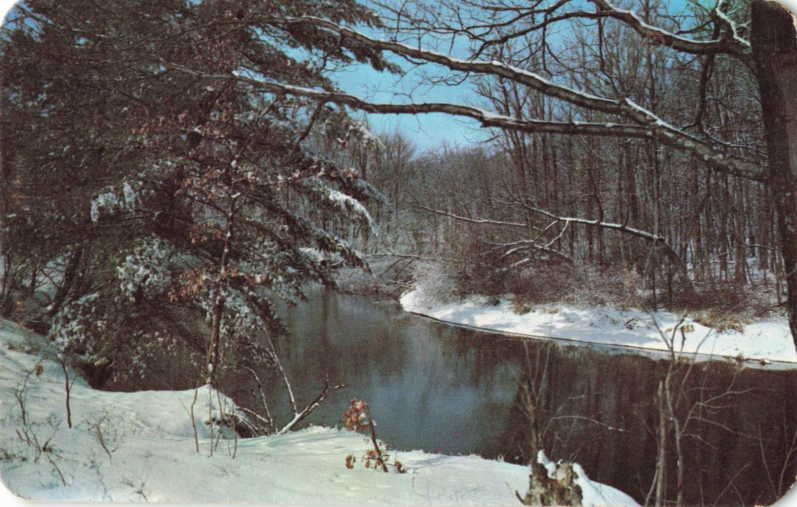 Roscommon MI Michigan, Snowy Winter Wilderness River Scene, Vintage Postcard