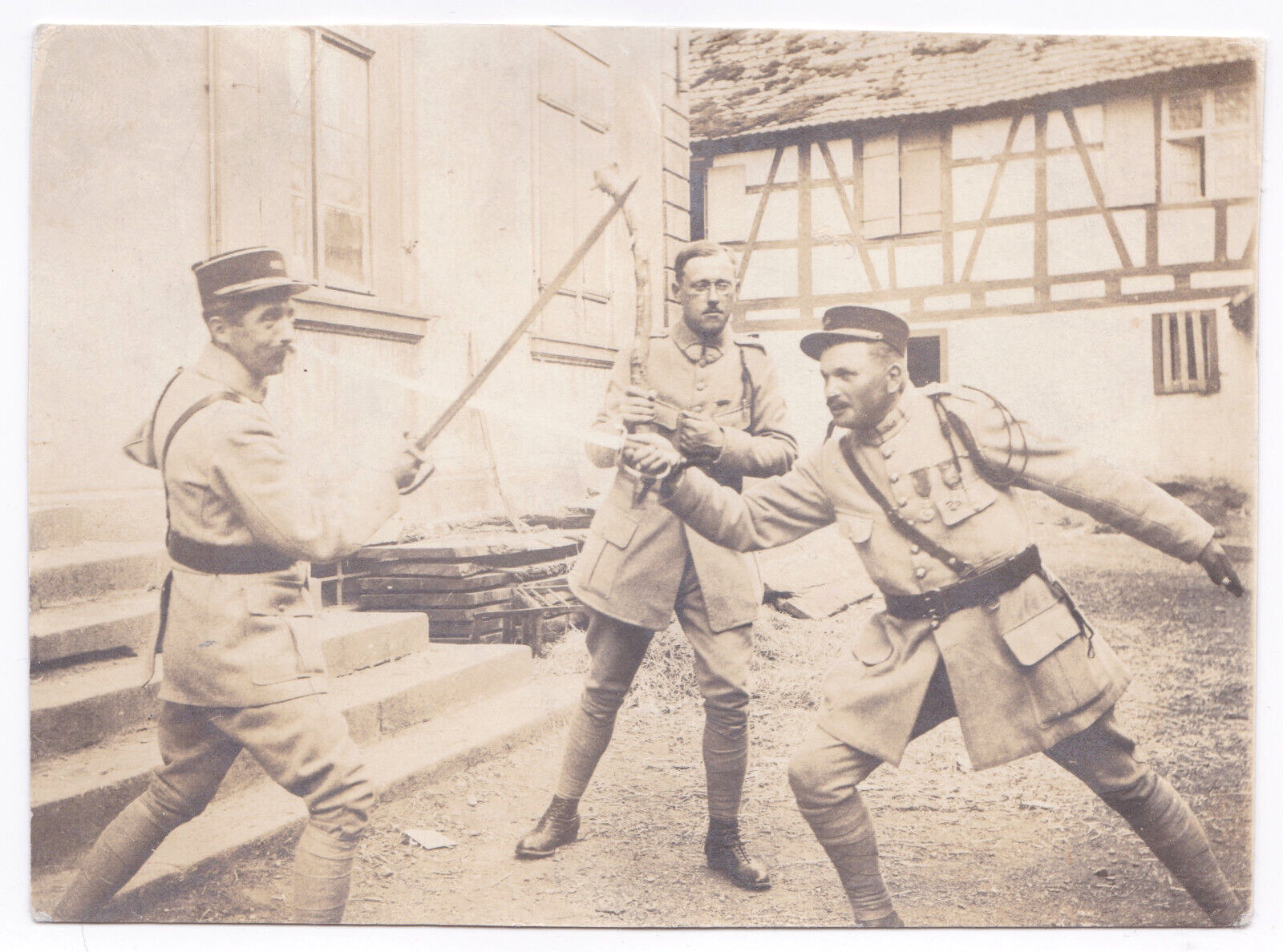 1919 Two French Soldiers Sword Sparring Practice Swordsmanship Trimmed RPPC