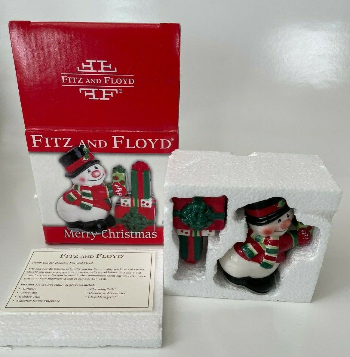 Fitz and Floyd Merry Christmas Snowman Presents Salt and Pepper Shakers Set
