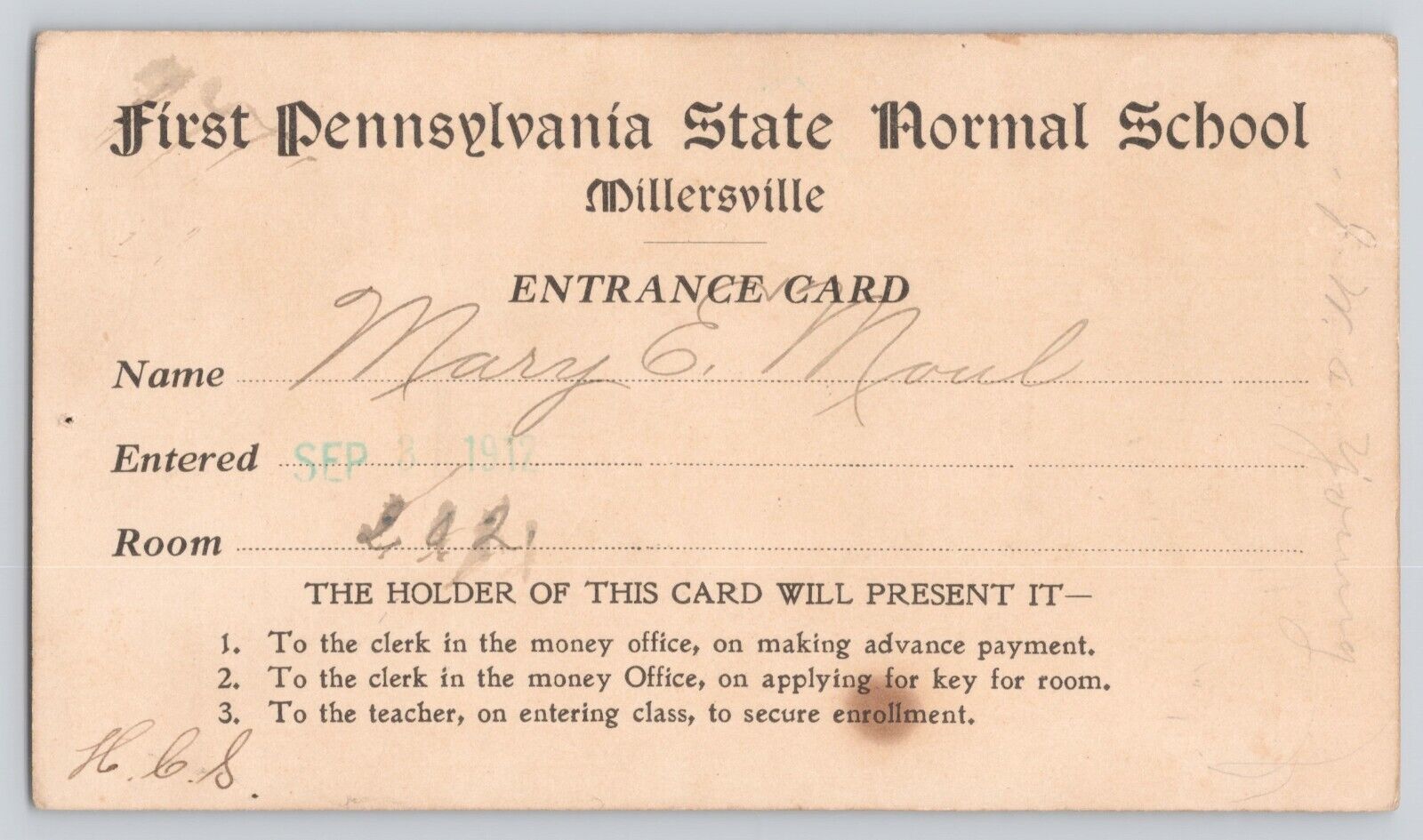 Pennsylvania First Normal School Entrance Card Postcard Card Size Antique 1912
