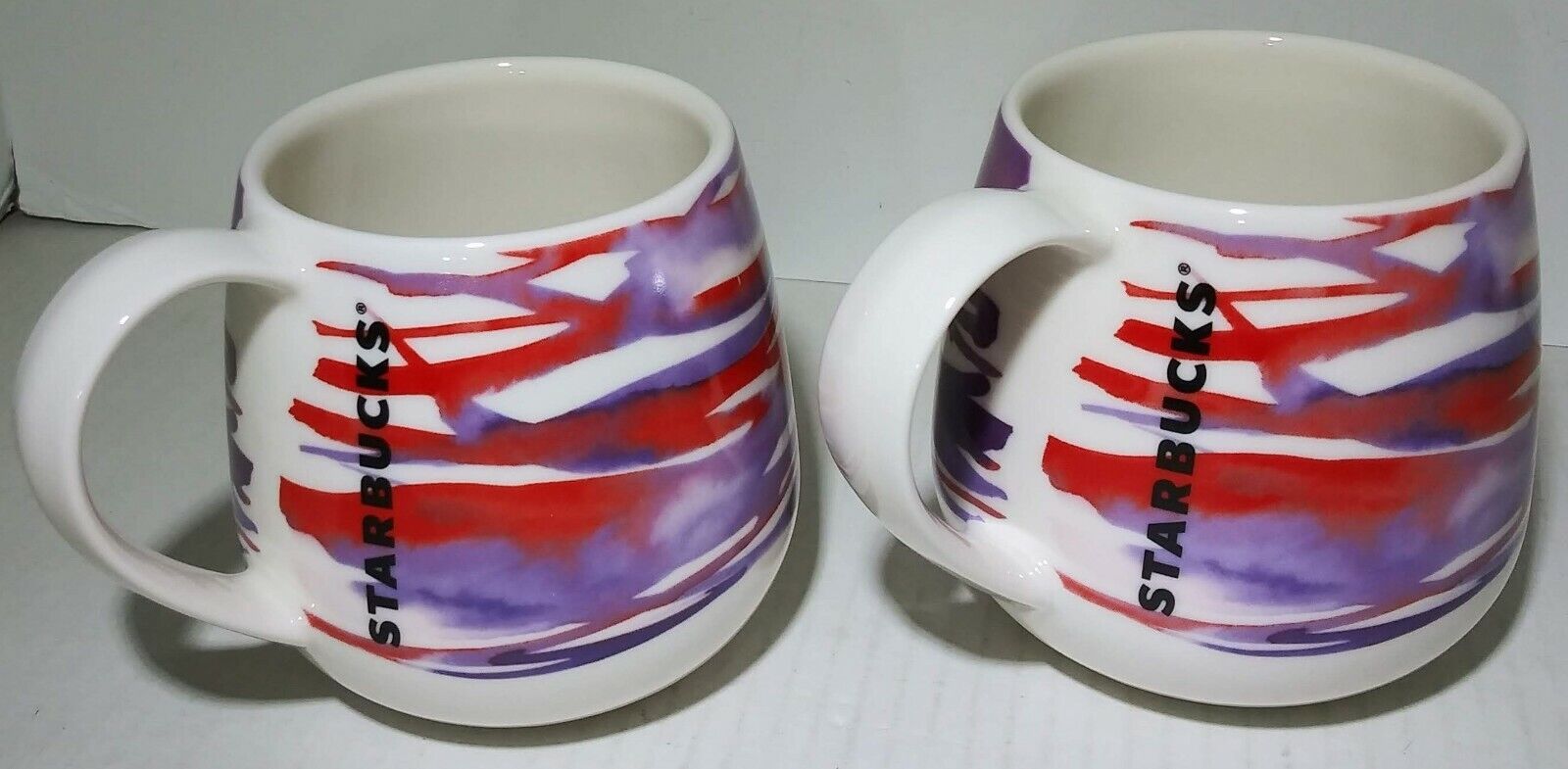 Set of Two 2016 Starbucks Watercolor Coffee Mugs 12 Fl Oz Cup Red & Purple