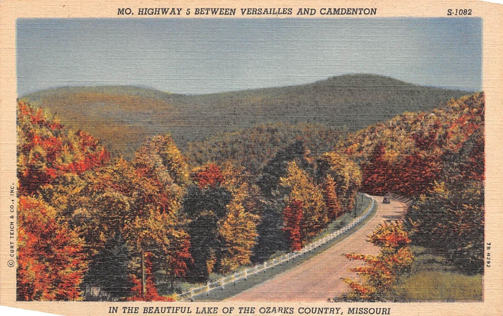 Missouri Highway 5 Between Versailles and Camdenton Ozarks Linen Postcard