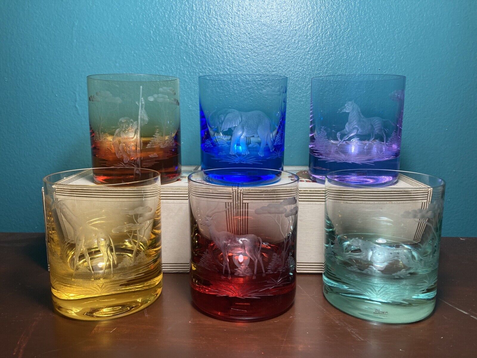 Set Of 6 Moser Endangered Species Colored Old Fashioned Glasses