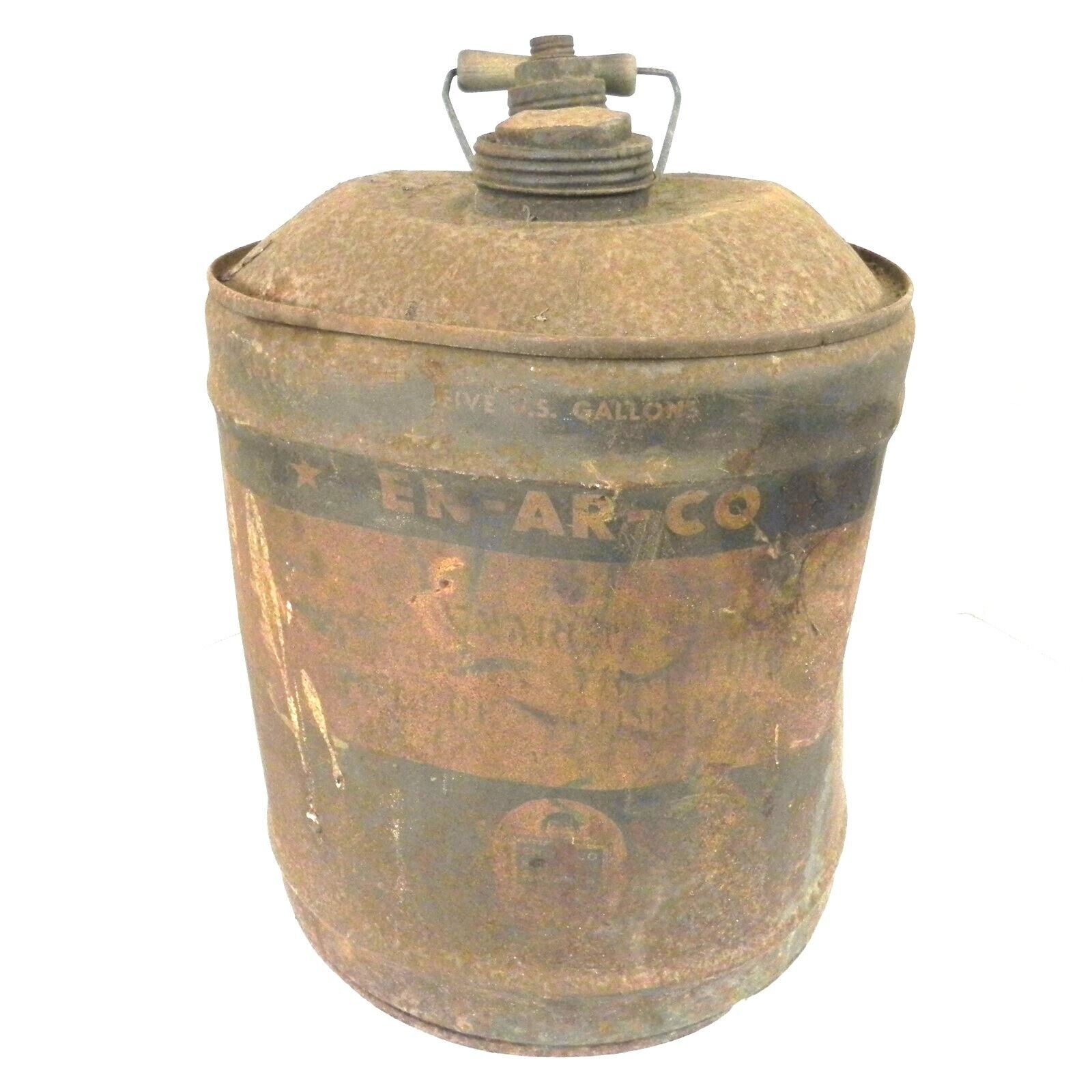 VINTAGE EN-AR-CO 5 GALLON CAN EMPTY W/WOODEN HANDLE USED HEAVY SURFACE RUST VTG