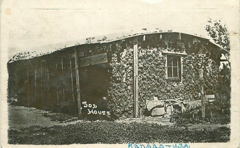 Kanas Sod House Pioneer Life 1920s RPPC Photo Postcard 22-1371