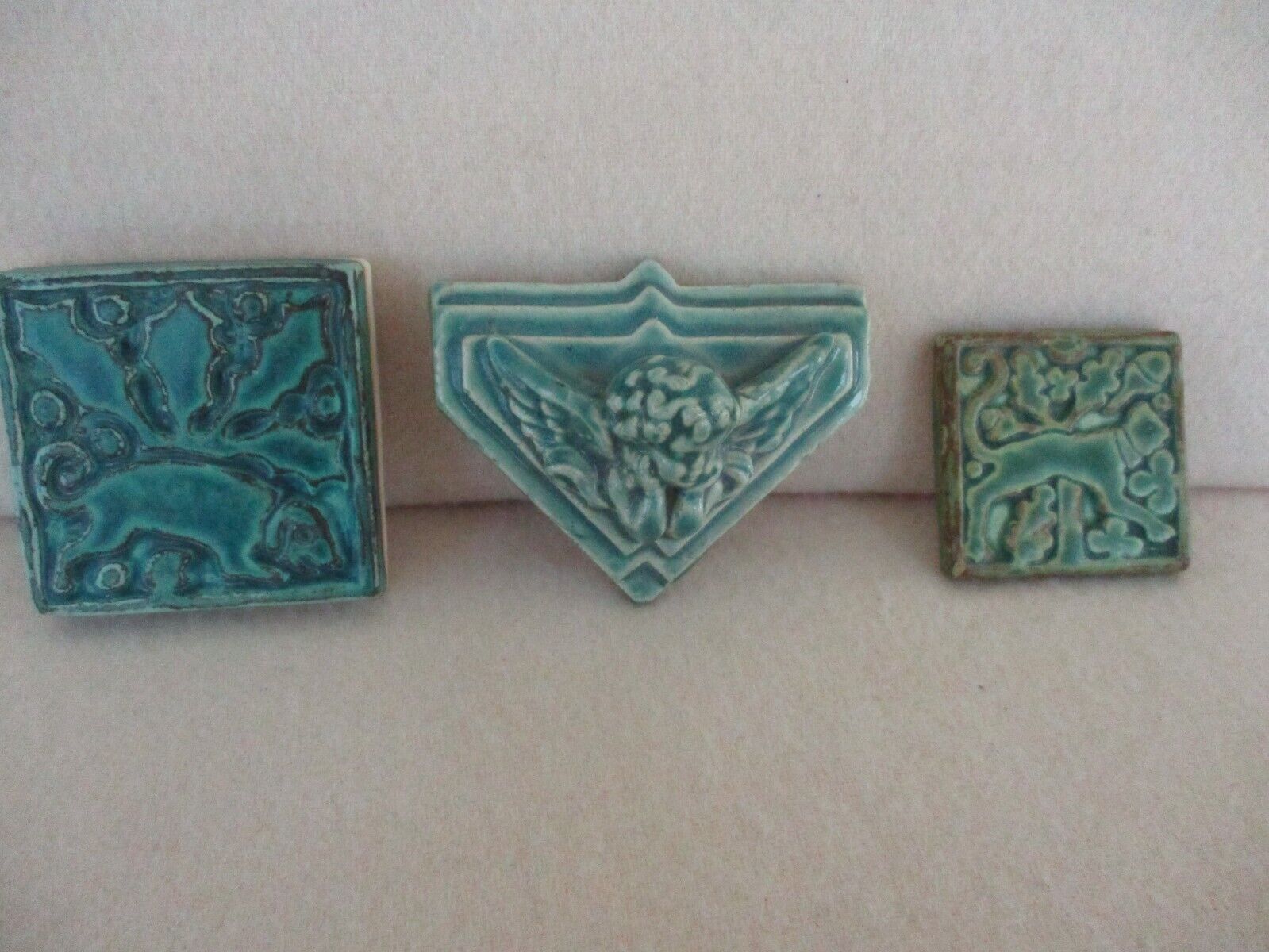 Lot of 3 green tiles, 1 old, all signed, Motawi and Tyge, 1 angel