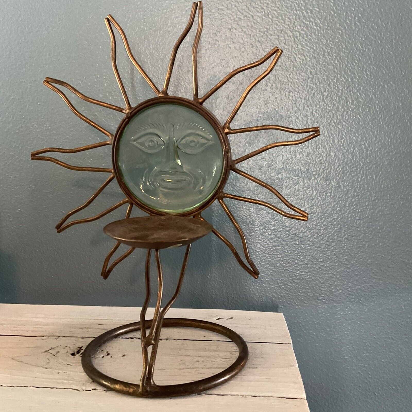 Vintage wrought iron Candle Holder Glass Sun Face