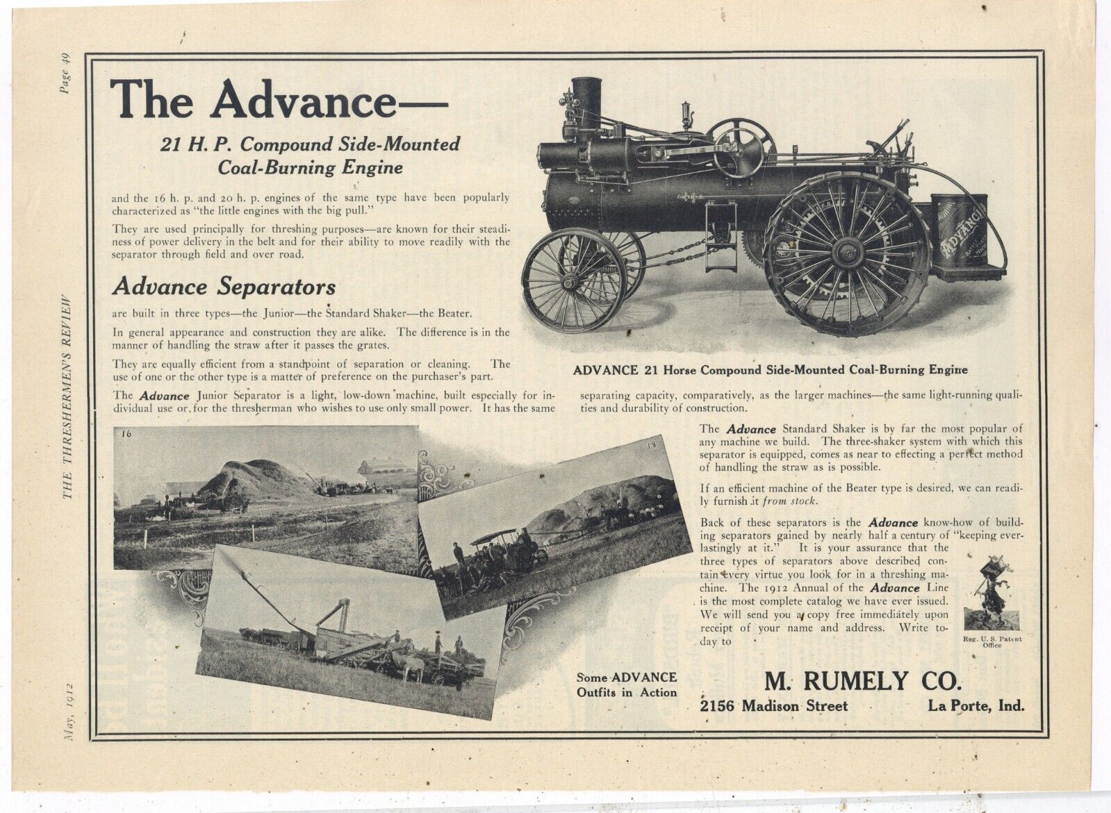 1912 M. Rumely Co. Ad: ADVANCE 21 hp Compound Side Mounted Coal Burning Engine