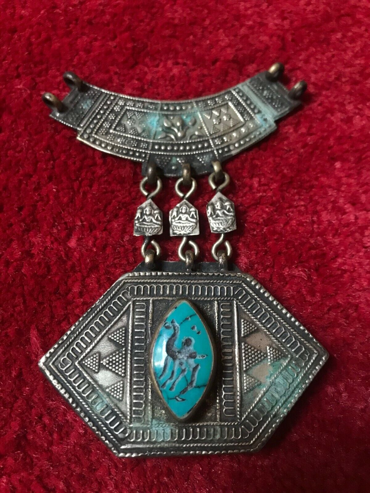Sassanian Old Ancient Pendant seal Malachite Animal Engraved Alpaca Necklace