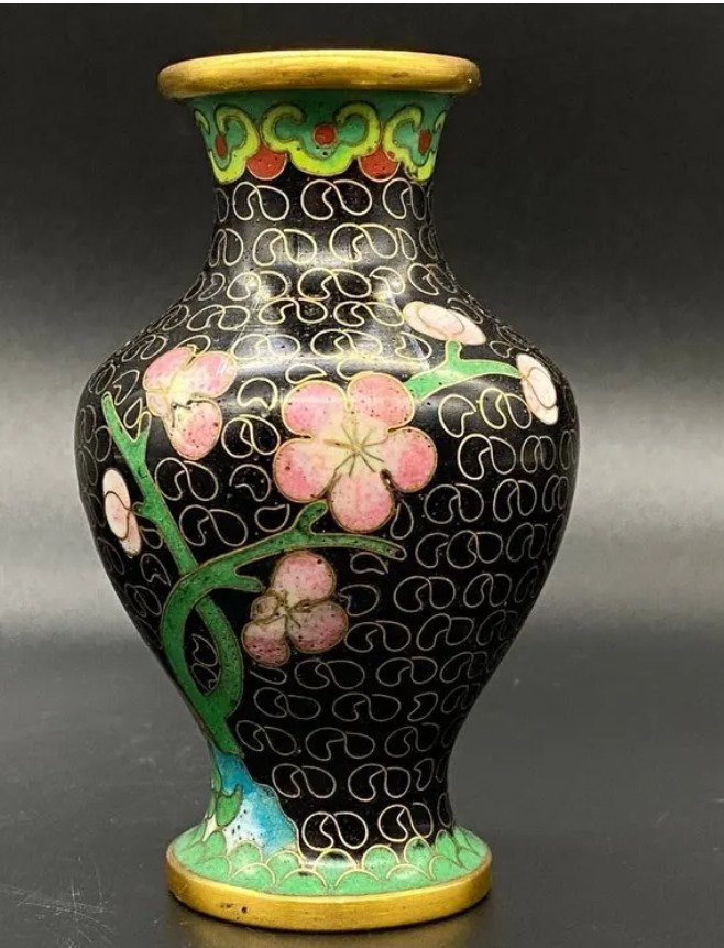 Antique 1970's Metal Vase For Home Decor Black And Original Rare China Enamel