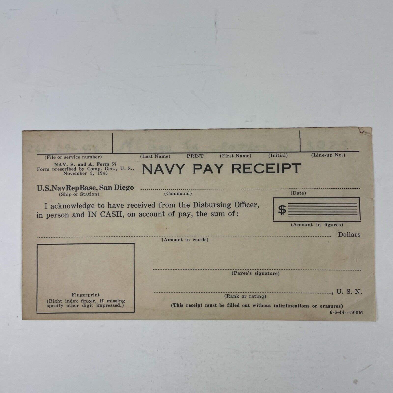 WW2 Navy Pay Receipt 1943 Nav. S. And A. Form 57 2 Pages With Inscription 