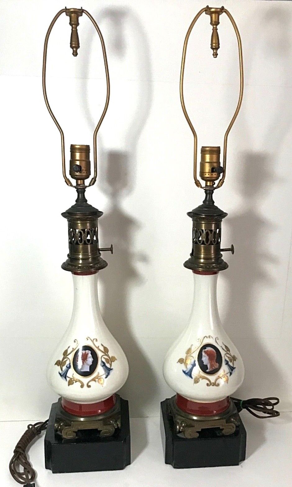 PAIR French Napoleon III Porcelain Gilt Brass Converted Oil Lamps