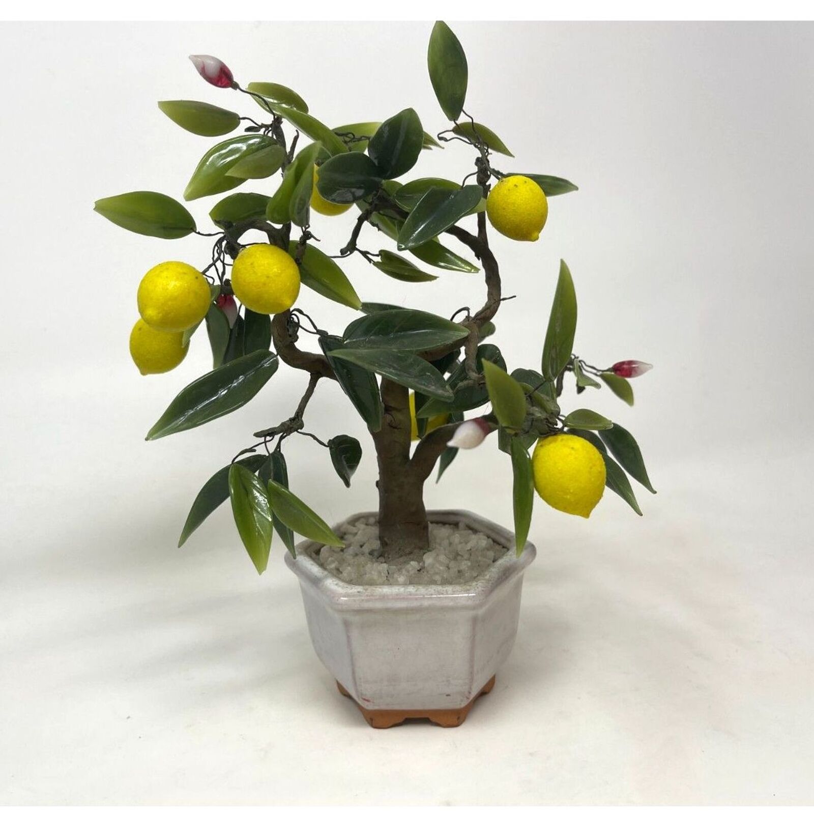 Vintage Jade Glass Lemon Bonsai Tree Figure Flowers And Fruits Japan? Excellent