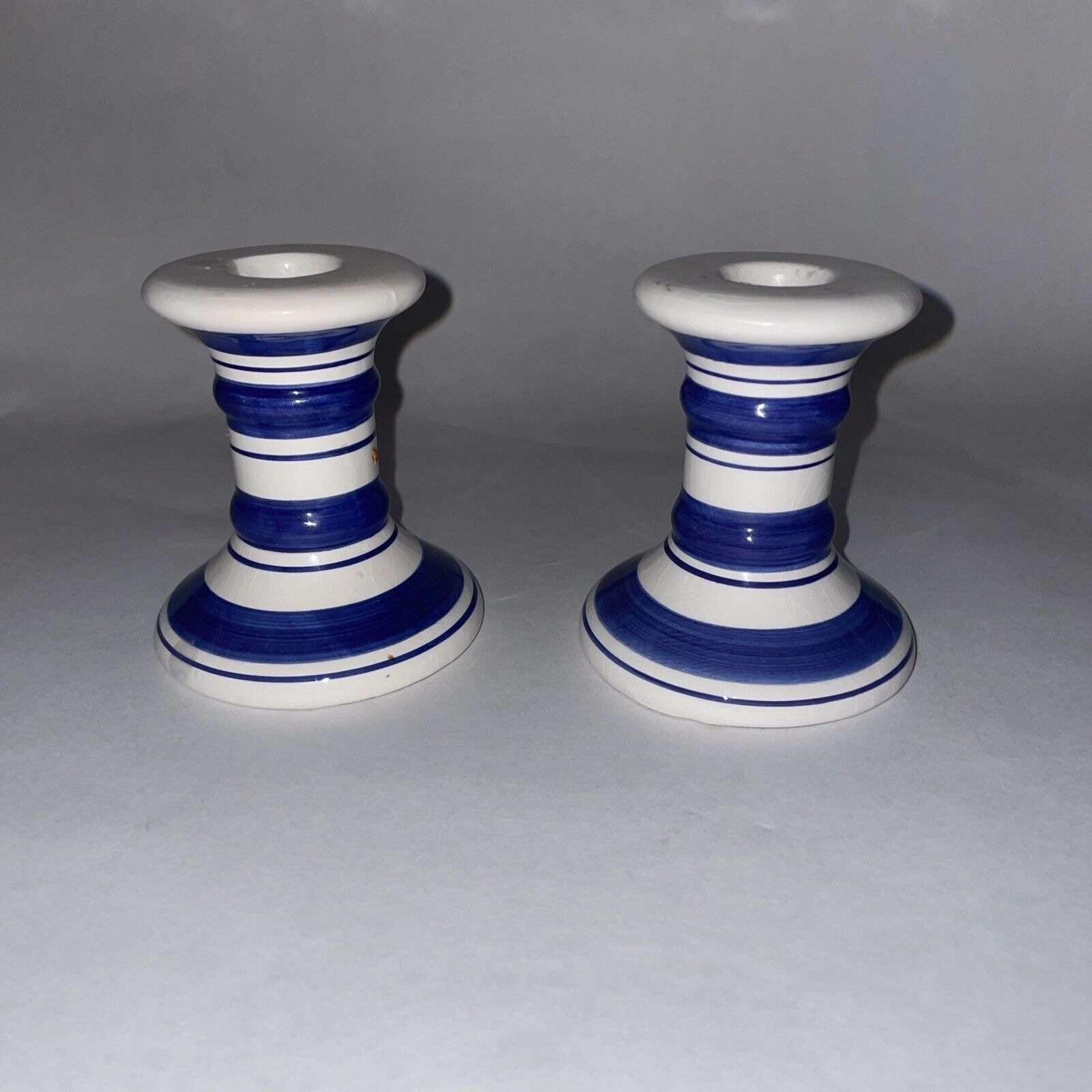 Set of 2 Blue & White Striped Candlestick Holders Porcelain 3.5”