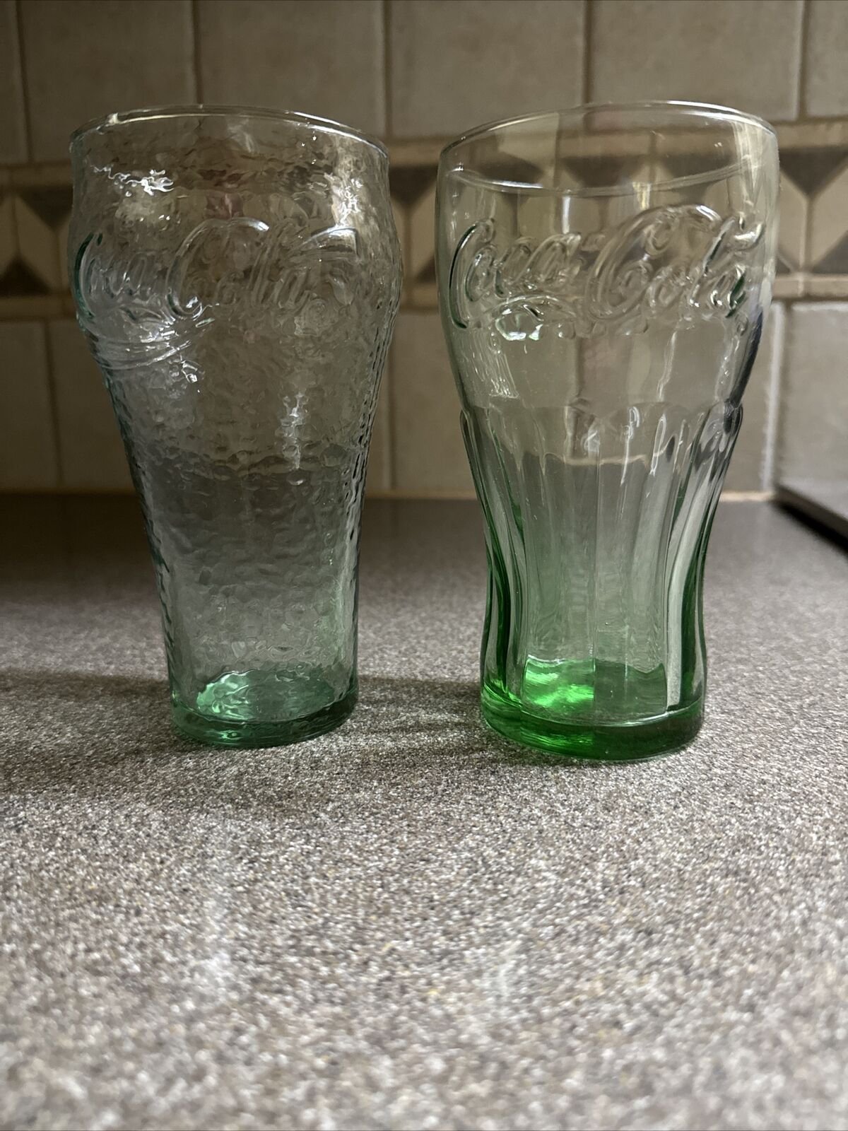 Two Coca Cola Glasses Vintage Green Textured