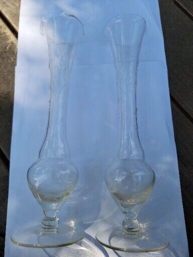 2-Stunning Hand Blown Etched Floral Clear Pedestal Bud Vase ~ 9.5 in Tall A16