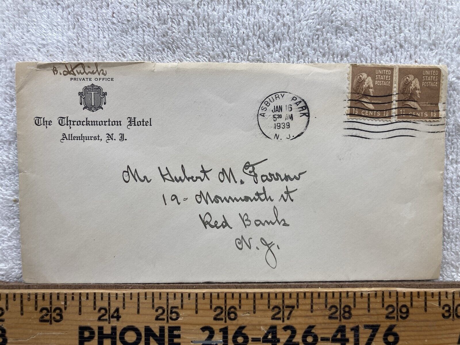 1939 Empty Envelope The Throckmorton Hotel Allenhurst NJ Vtg